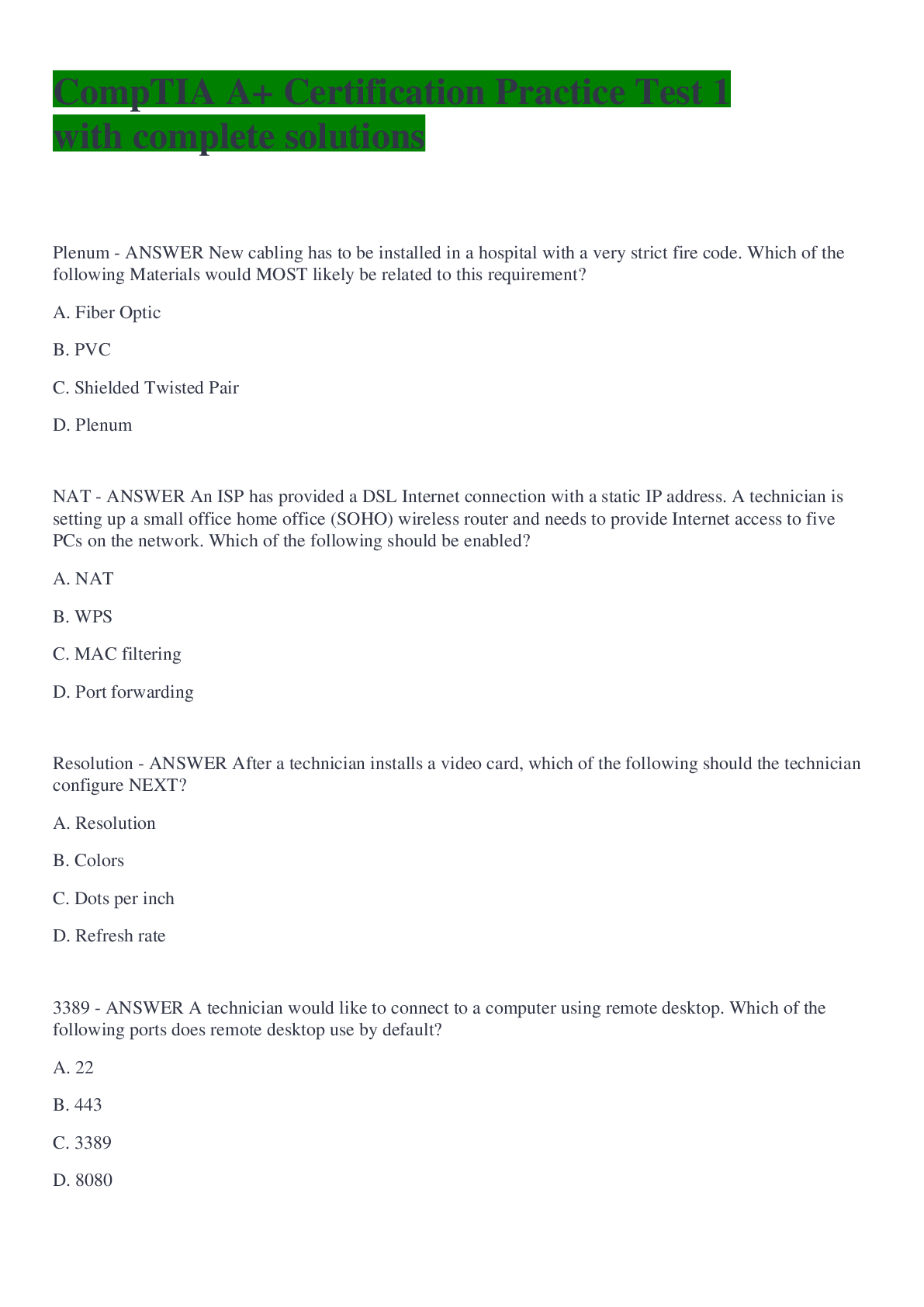 Preview image of CompTIA A+ Certification Practice Test 1 with complete solutions document